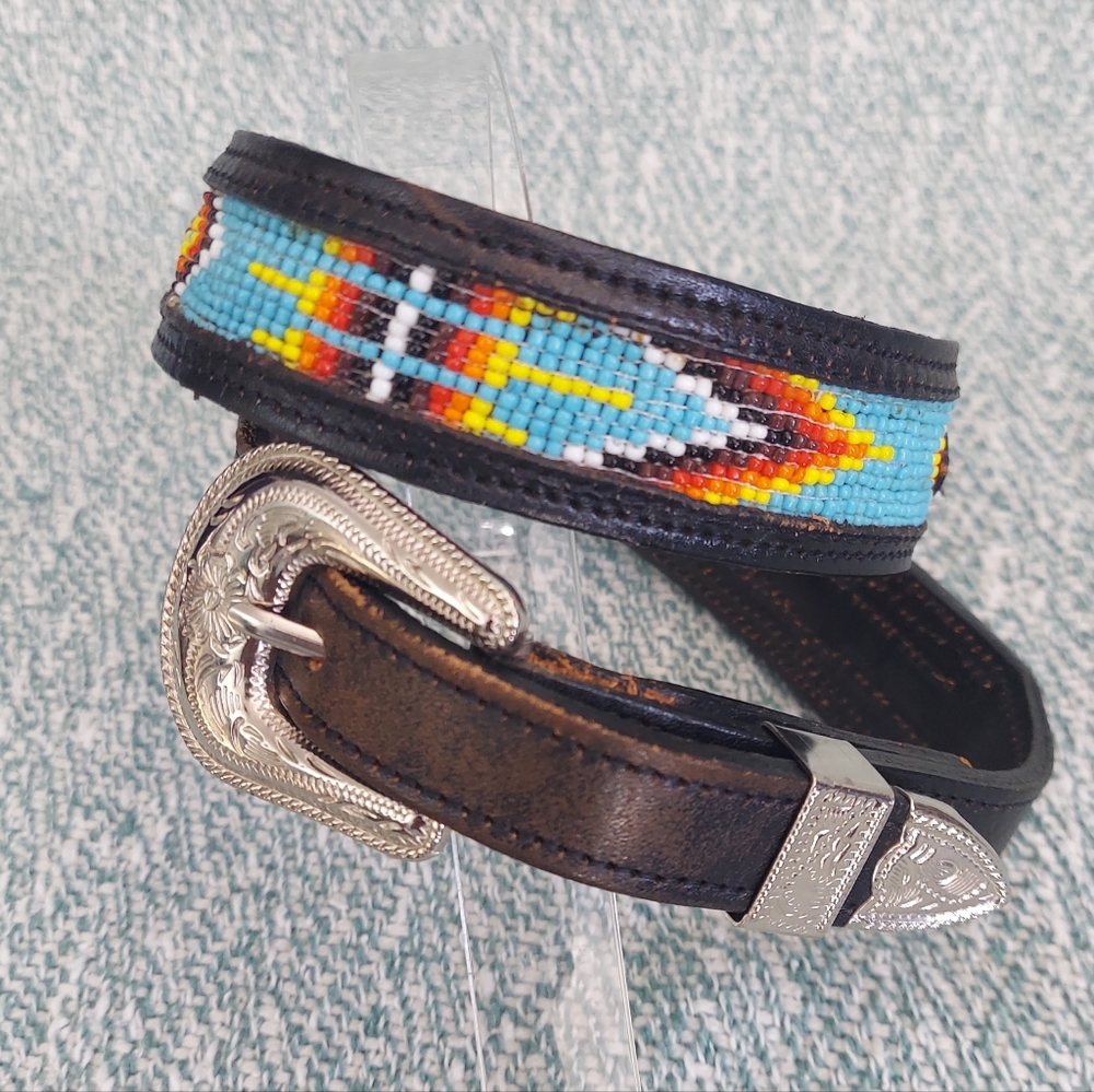 Beaded Turquoise Western Leather Belt with Silver Buckle